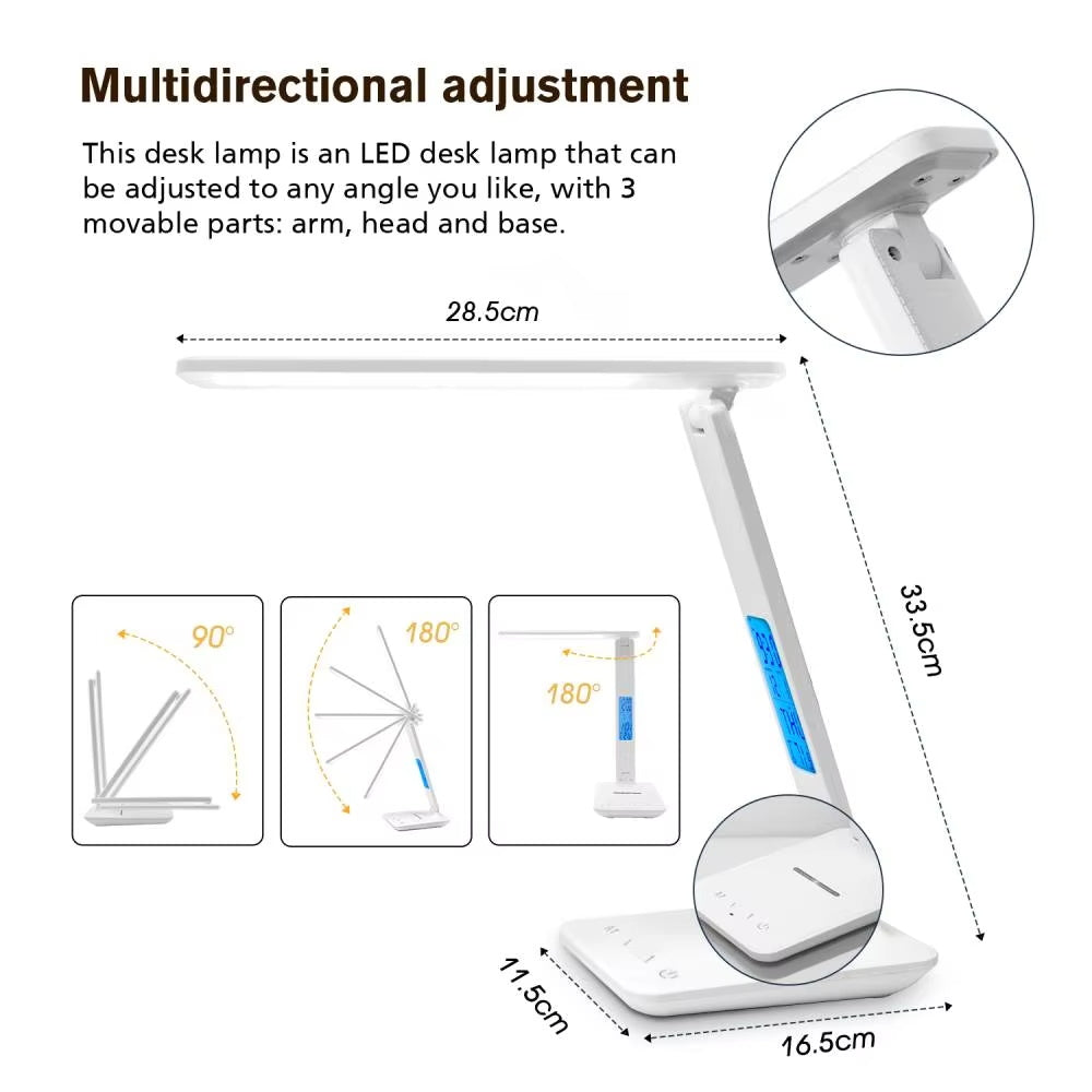 LED Desk Lamp: USB Port, Wireless Charging With Calendar Temperature & Alarm Clock