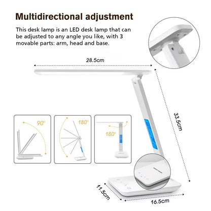 LED Desk Lamp: USB Port, Wireless Charging With Calendar Temperature & Alarm Clock