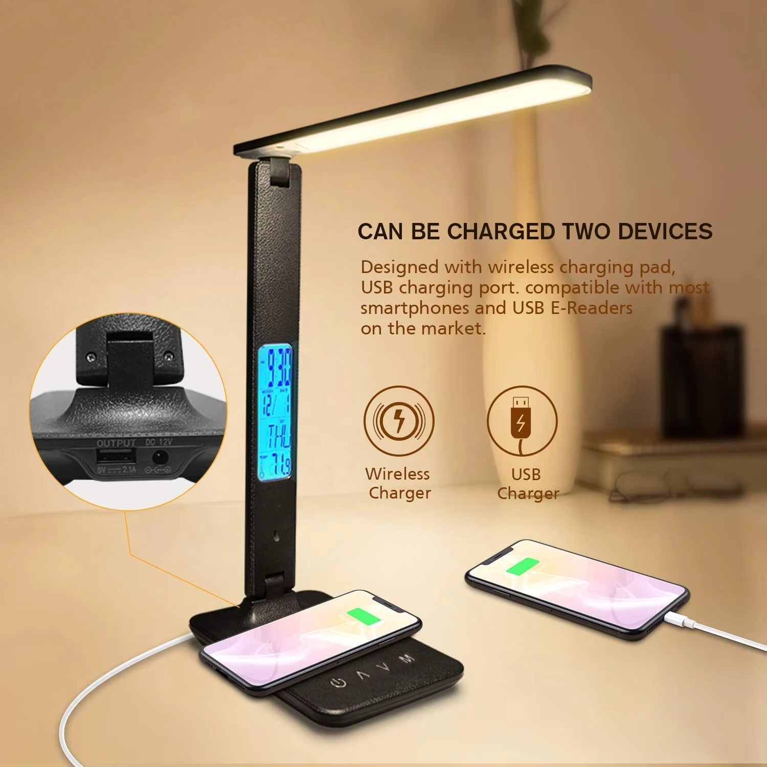 LED Desk Lamp: USB Port, Wireless Charging With Calendar Temperature & Alarm Clock