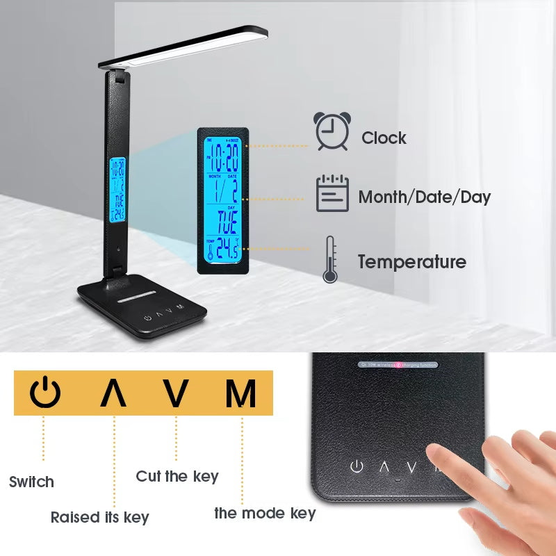 LED Desk Lamp: USB Port, Wireless Charging With Calendar Temperature & Alarm Clock