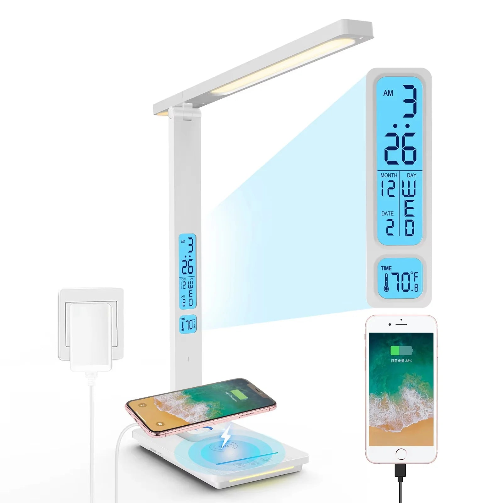 LED Desk Lamp: USB Port, Wireless Charging With Calendar Temperature & Alarm Clock