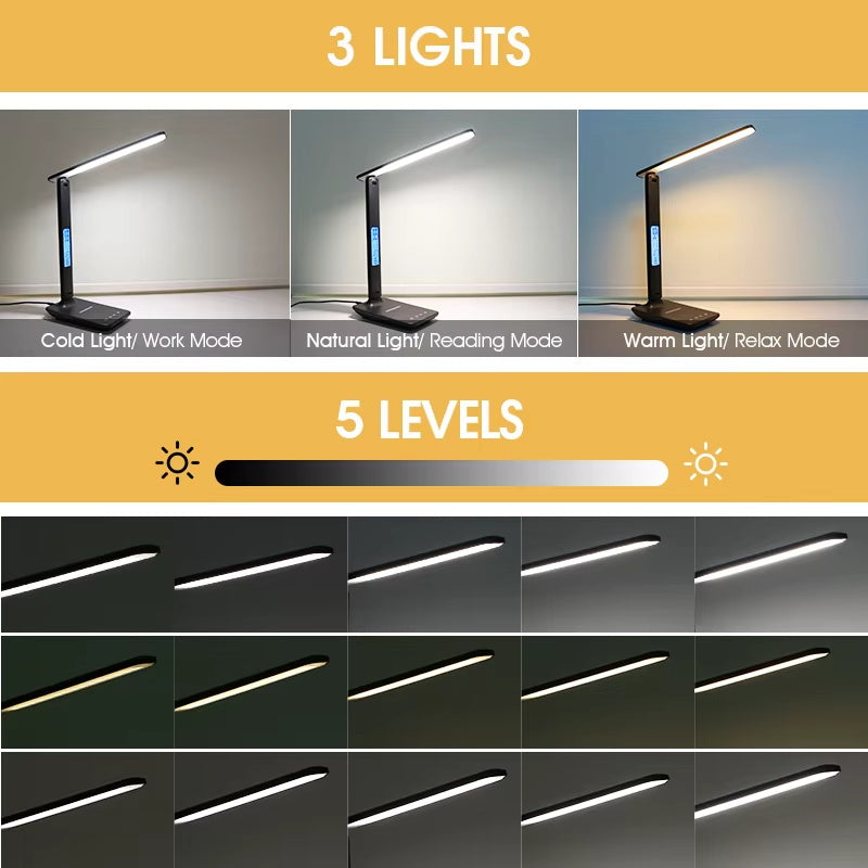 LED Desk Lamp: USB Port, Wireless Charging With Calendar Temperature & Alarm Clock