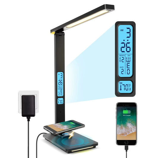 LED Desk Lamp: USB Port, Wireless Charging With Calendar Temperature & Alarm Clock